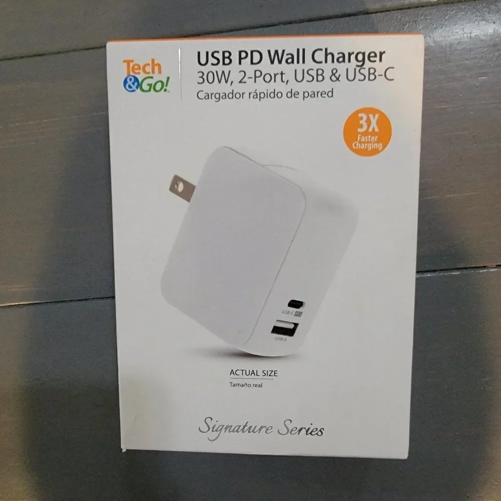 Tech & Go USB PD Wall Charger 30W, 2-Port, USB & USB-C - White